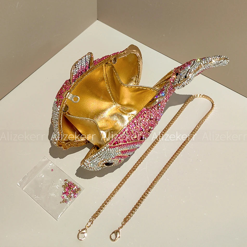 Alizekerr Goldfish Shaped Crystal Evening Bags Women Gorgeous Diamond Metallic Clutch Purses Ladies Unique Handbag Wedding Party