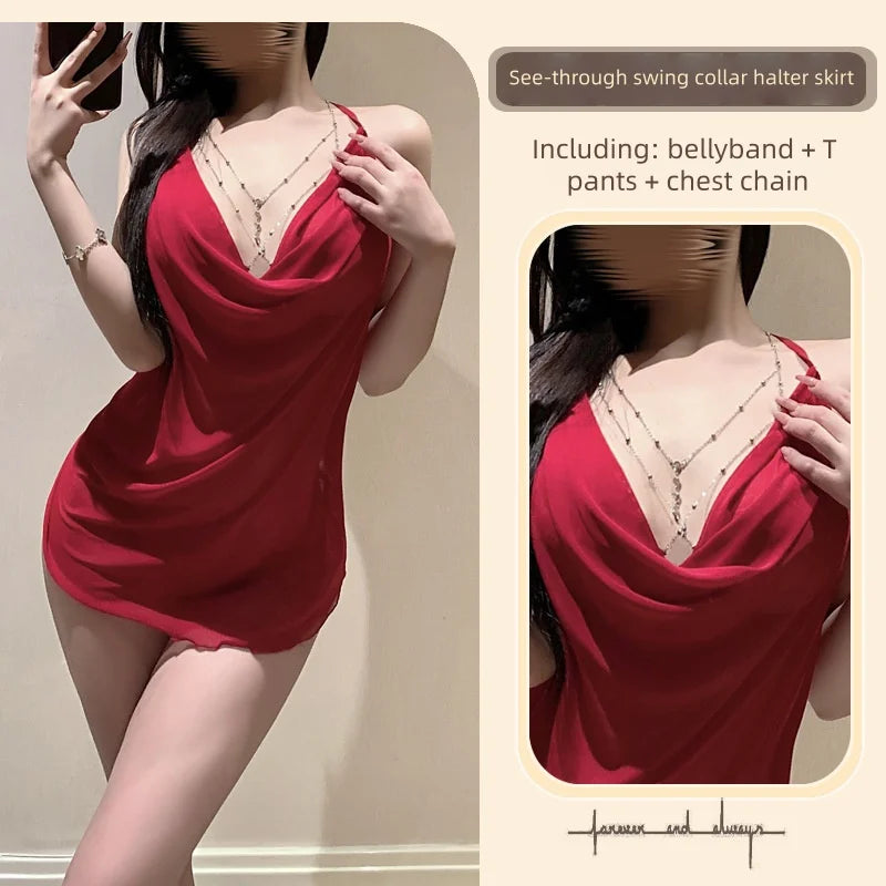 Pure Desire Halter Neck Mesh Swing Collar Beautiful Breasts Halter Sexy Nightdress Sexy Temptation Mesh See-through Pajamas