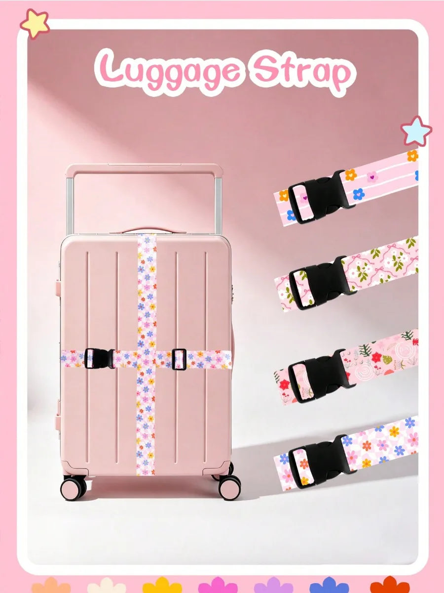 Adjustable Luggage Strap for Suitcase, Cute Print Travel Luggage Belt with Buckle, Soft Fabric Anti-loose Suitcase Binding Strap