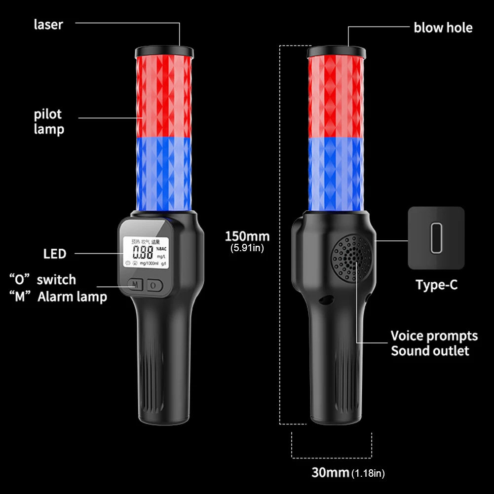 Handheld Wearable Alcohol Analyzer Sound and Light Alarm Non-Contact Alcohol Blowing Detector LCD Display Police Breathalyzer