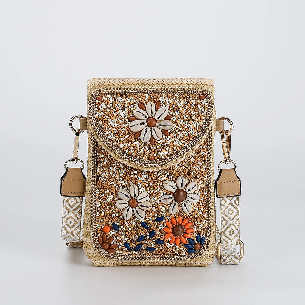 Advanced straw woven crossbody bag, new fashionable rice bead bag, European and American woven women's shoulder phone bag