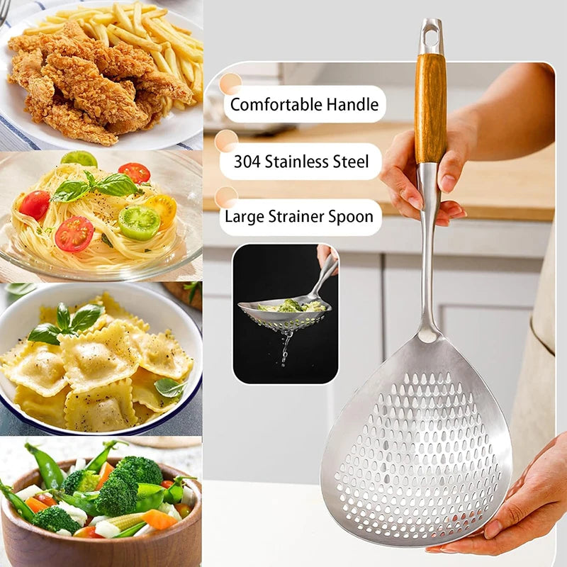 40.5cm Slotted Spoon, Large Skimmer with 0.3" Holes & Hang Hole, Stainless Steel and Wood for Kitchen, 1PC Cooking Utensil