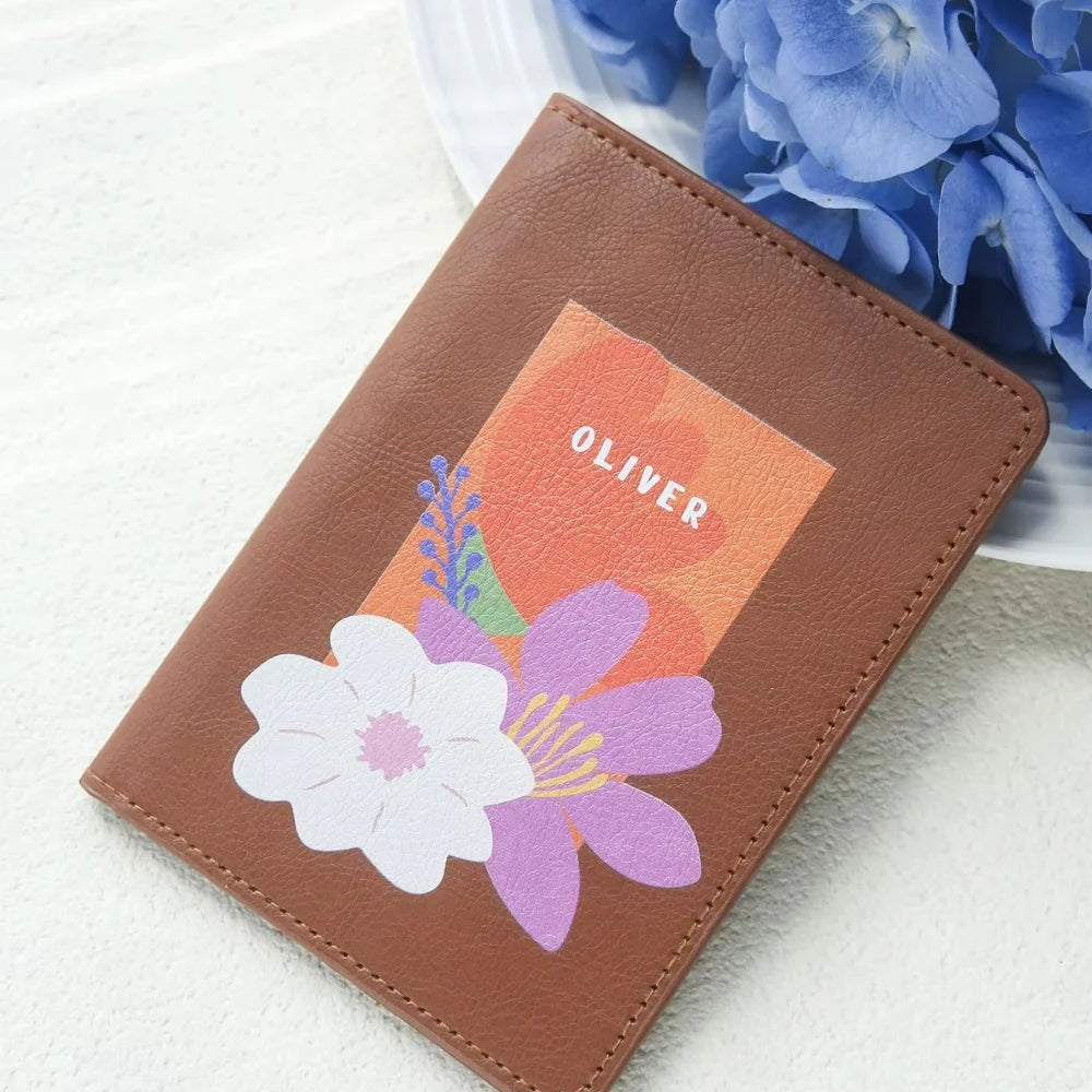 Personalized Floral Print Vegan Leather Passport Cover With Customized Name, Textured Flower Pattern Passport Holder