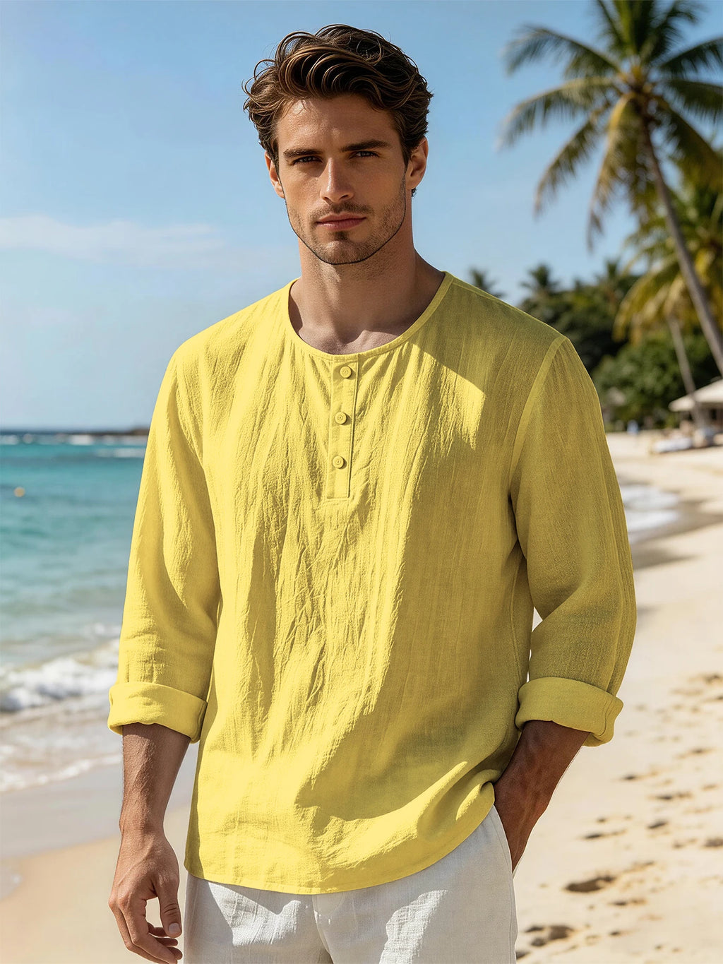 Vintage Men Linen Crinkle Henley Long Sleeve Tops, 3 Button Crew Neck Lightweight Breathable Shirts, Casual Holiday Blouses For