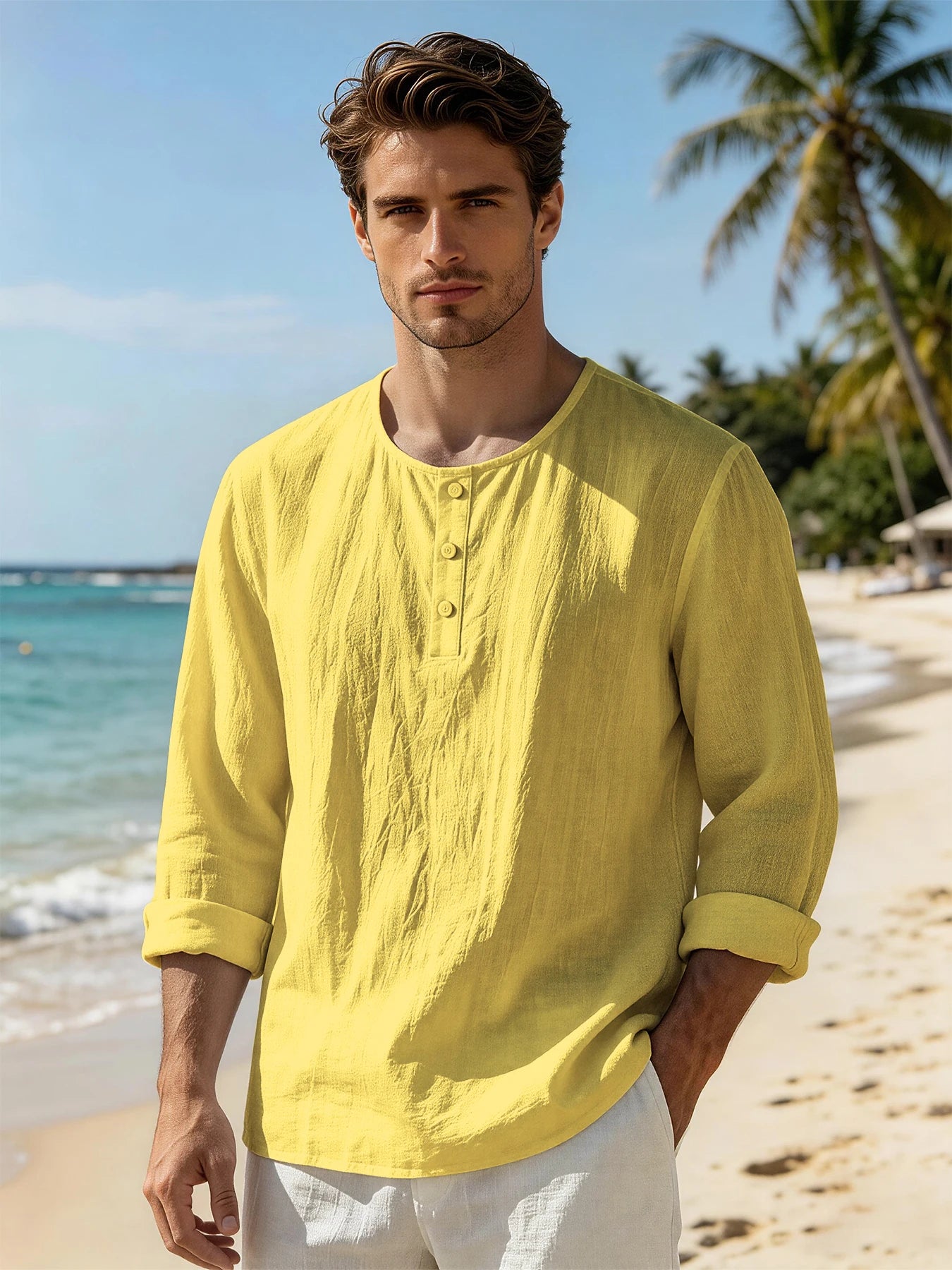 Vintage Men Linen Crinkle Henley Long Sleeve Tops, 3 Button Crew Neck Lightweight Breathable Shirts, Casual Holiday Blouses For