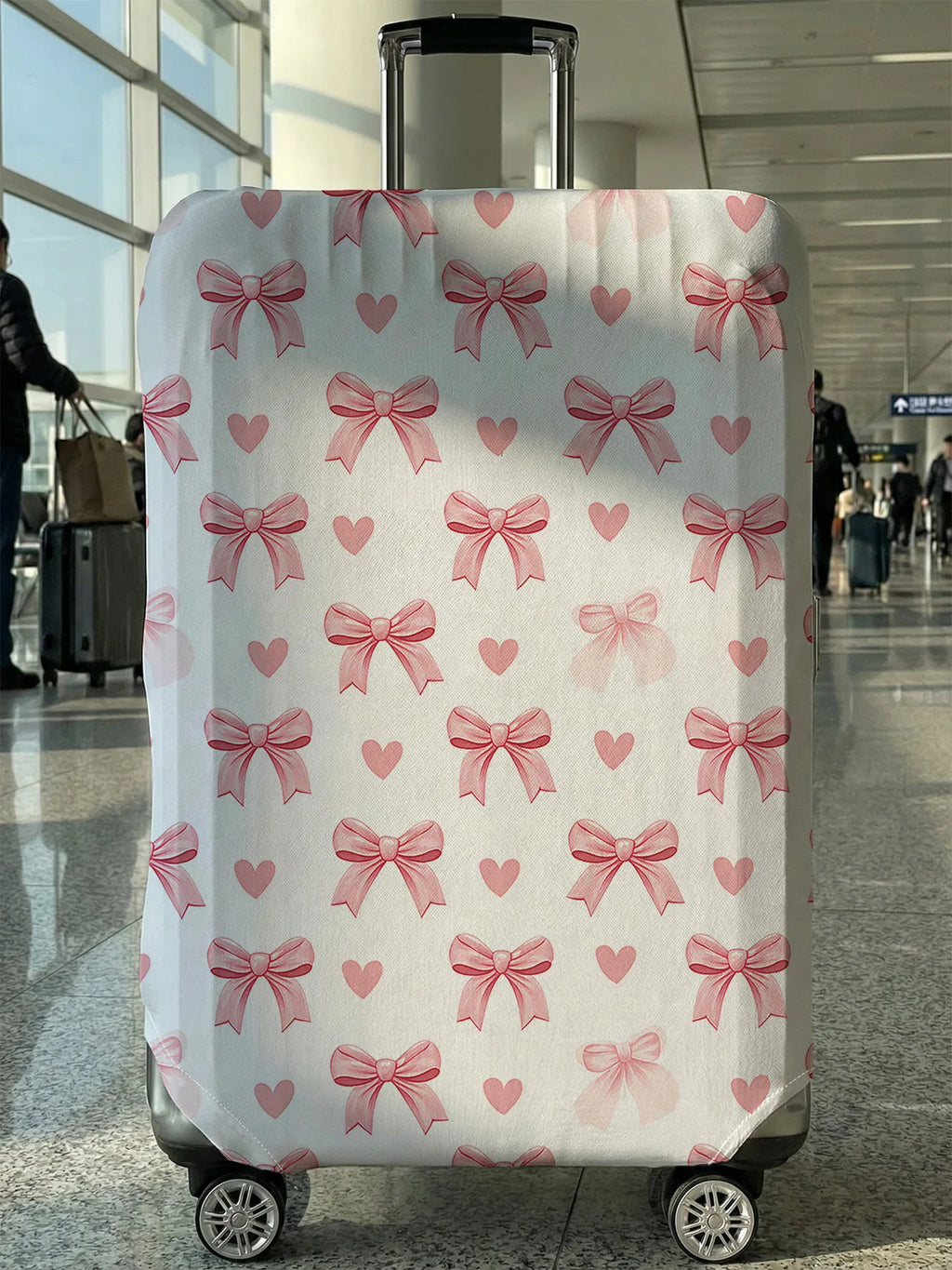 White Base Pink Bow Heart Full Print Luggage Cover, Suitable for 18-32 Inch Luggage Cover, Luggage Handle Glove, Travel Accessor