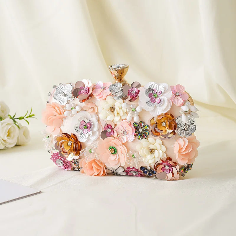 Floral Evening Dinner Handbag Beaded Flower Clutch Bag Metal Chain Crossbody Bag Banquet Handbag Wedding Prom Purse Dropship