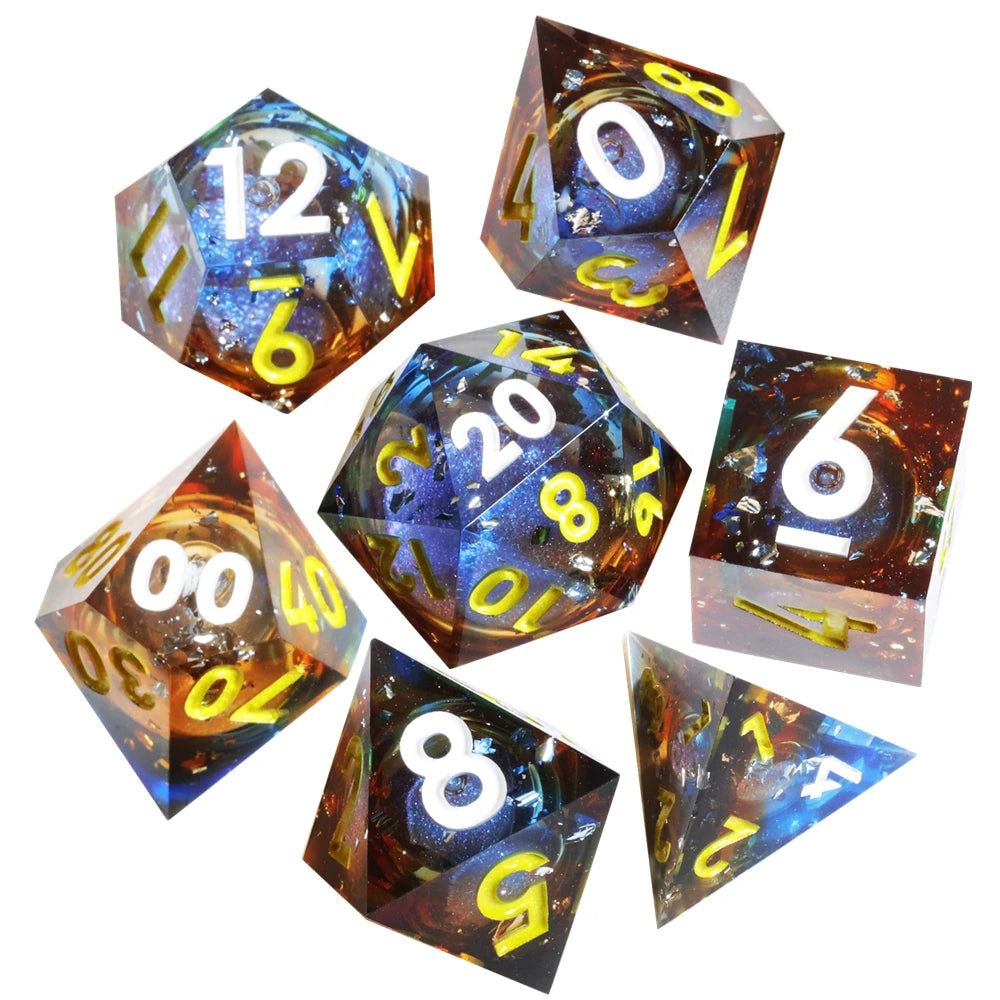 MINI PLANET Gold Sand Liquid Core Dice D&D Set Handmade Polyhedral Resin Dice With Sharp Edge For TRPG DND D6 D20 Dice Games