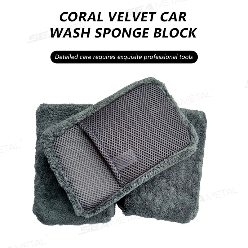SEAMETAL Double Side Microfiber Mesh Scrubbing Sponge Strong Water Absorption Car Cleaning Sponge Block Auto Detailing Tools