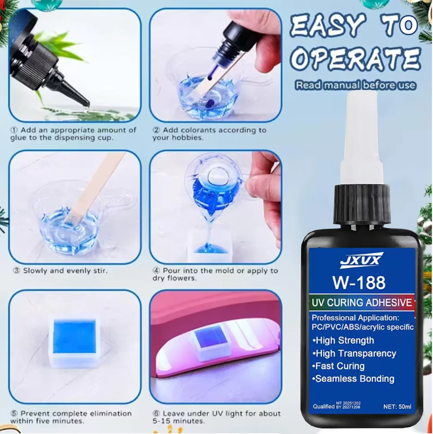 JXVX 1-3PCS New 50ml Strong UV W188 Adhesive, UV Curing Adhesive for Glass, Glass and Metal, ABS Bonding, UV Curing Lamp Welding