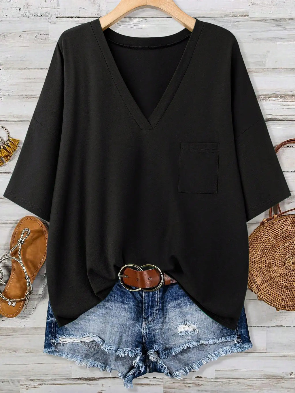 Plus Size Women's V Neck T-Shirt Half Sleeve Pocket Front Twist Hem Casual Loose Fit Top