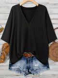Plus Size Women's V Neck T-Shirt Half Sleeve Pocket Front Twist Hem Casual Loose Fit Top