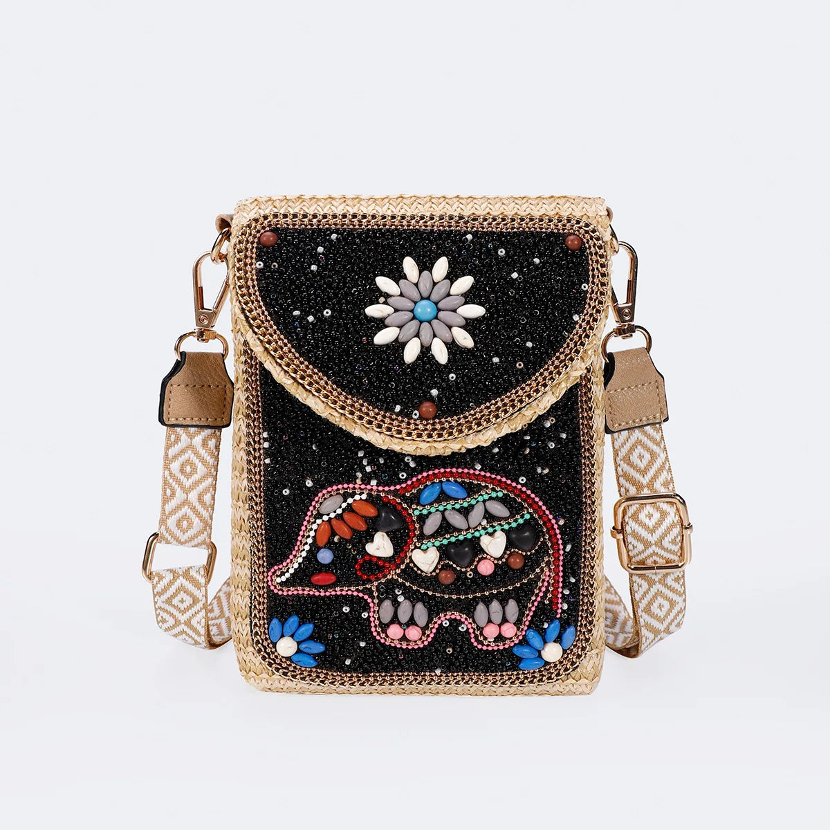 Advanced straw woven crossbody bag, new fashionable rice bead bag, European and American woven women's shoulder phone bag