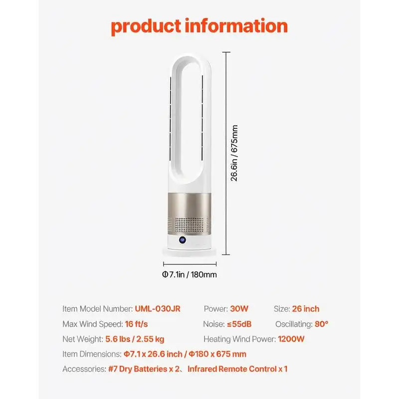 Bladeless Column Fan 40-Inch For Bedroom Office Home, 16ft/s Velocity Hot Cold Airflow 80° Oscillation 8 Speeds 9H Timer Remote Control Vertical Floor Fan