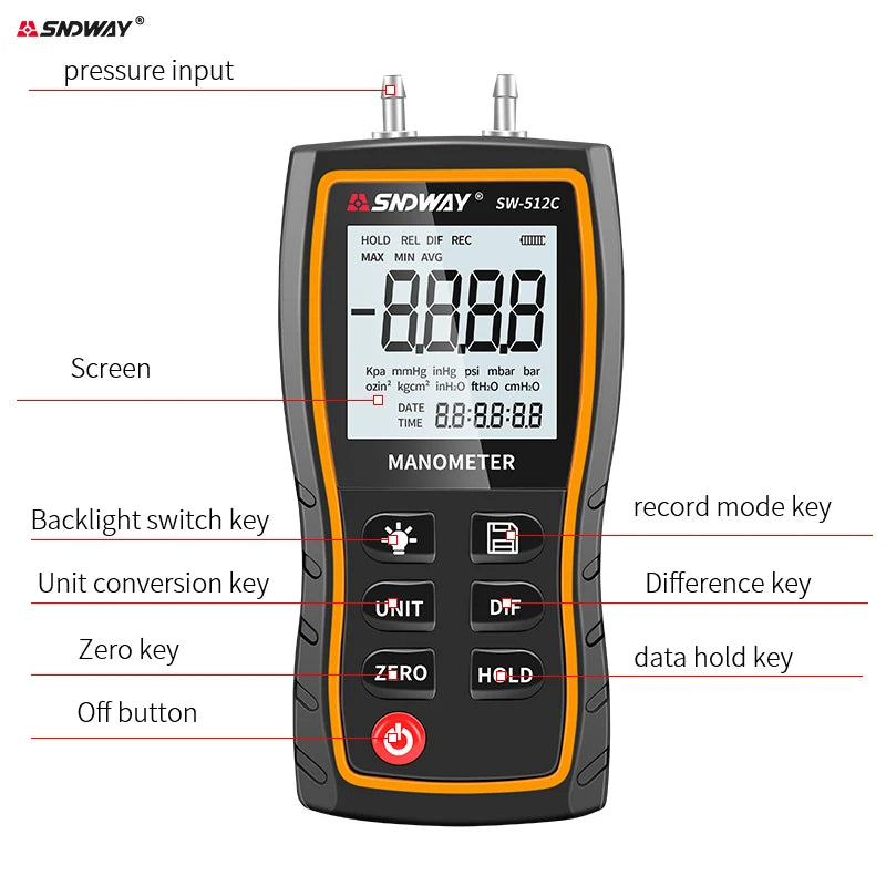 SNDWAY SW-512 Digital Pressure Gauge Differential Gas Pressure Gauge Measuring Instruments, Barometric Gauges/SW-512B/SW-512C