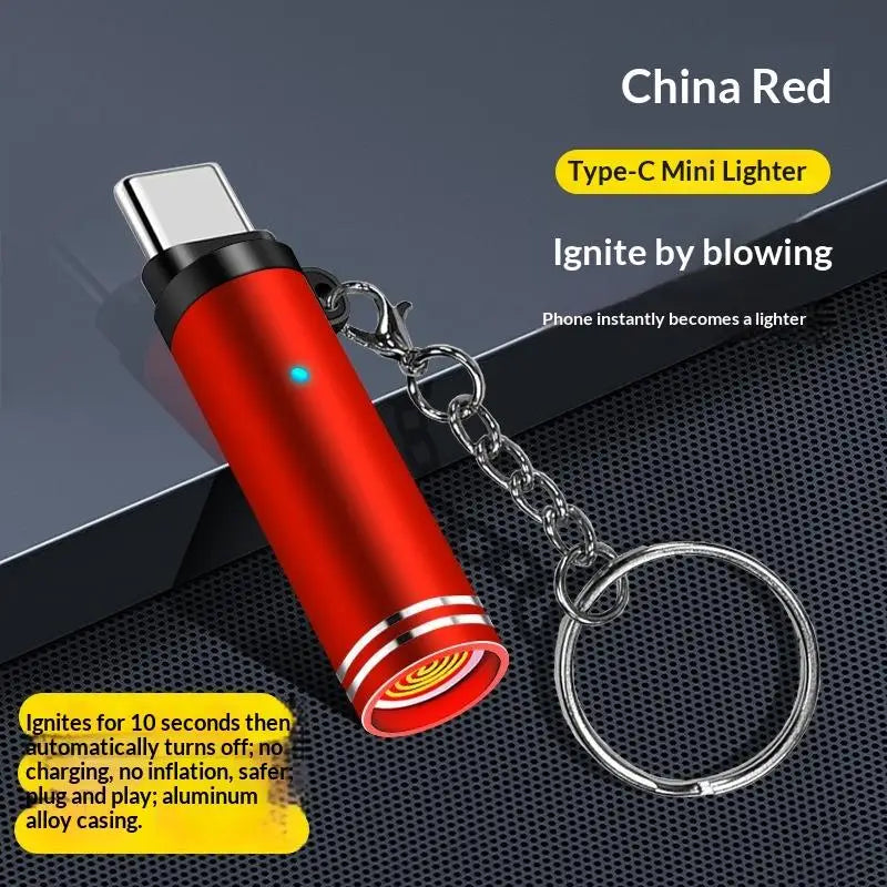 Type C Mini Lighter Blow-to-Ignite Auto Shut-Off For Air Travel Outdoor No Battery No Flame Portable Safety Lighter Adapter