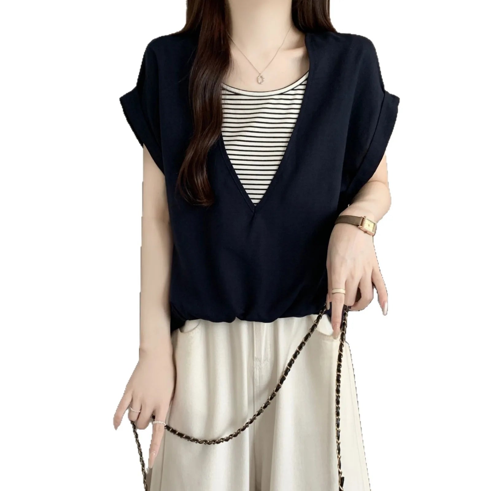 Summer Plus Size Women's Hot-selling Contrast Color Striped Loose Hiding Flesh Slimming Round Neck Short Sleeve T-shirt