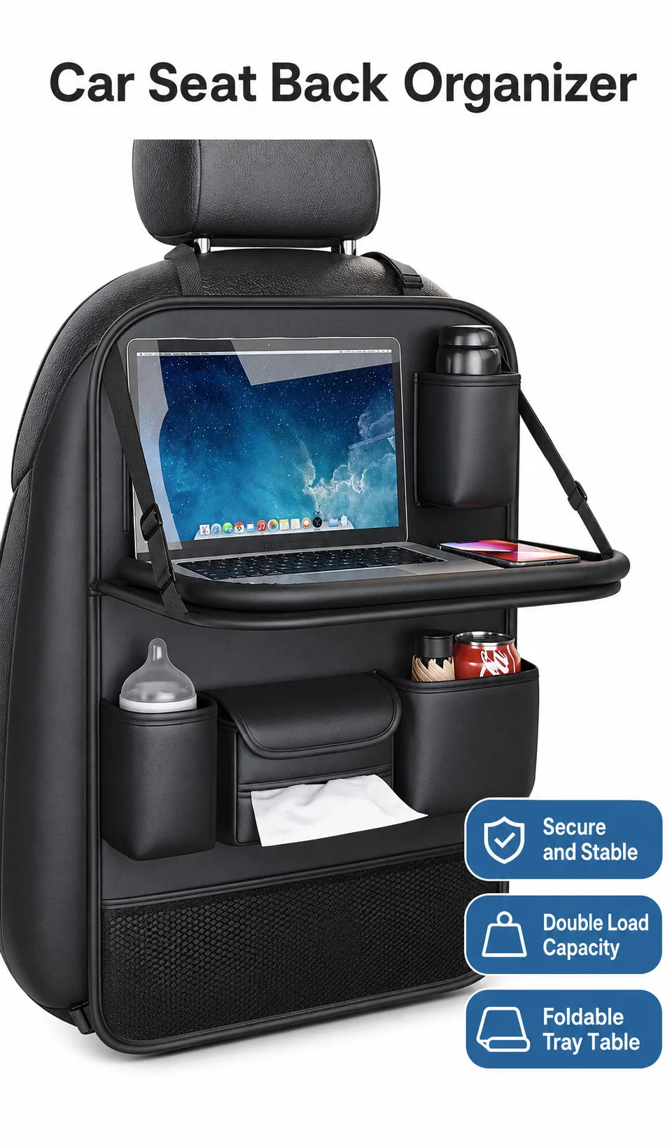 Car Seat Back Organizer with Kids Folding Tray Table, Hanging Storage Bag for Back Seat Travel Dining Desk