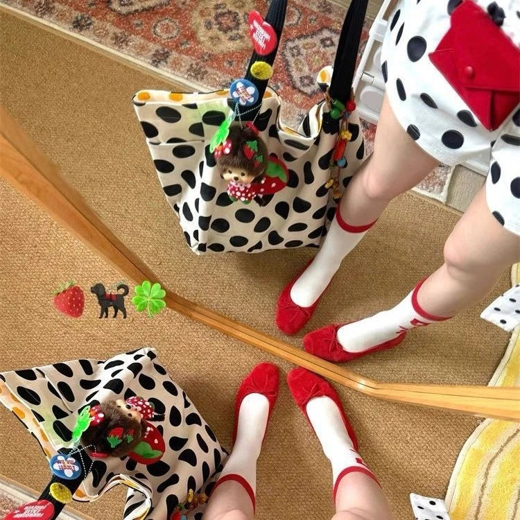 Super Large Capacity Korean Polka Dot Shoulder Bag Retro Fashion Shopping Bag Literary Work Commute Versatile Canvas Handbag Gif