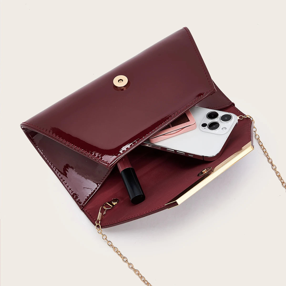 Women's Evening Bag, Solid Color Pu Synthetic Leather Evening Clutch, Portable Makeup Bag, Crossbody Bag, Wallet, Envelope Bag, with Detachable Metal Chain, Suitable for Prom, Wedding Season, Parties, Holiday Gatherings, Carn