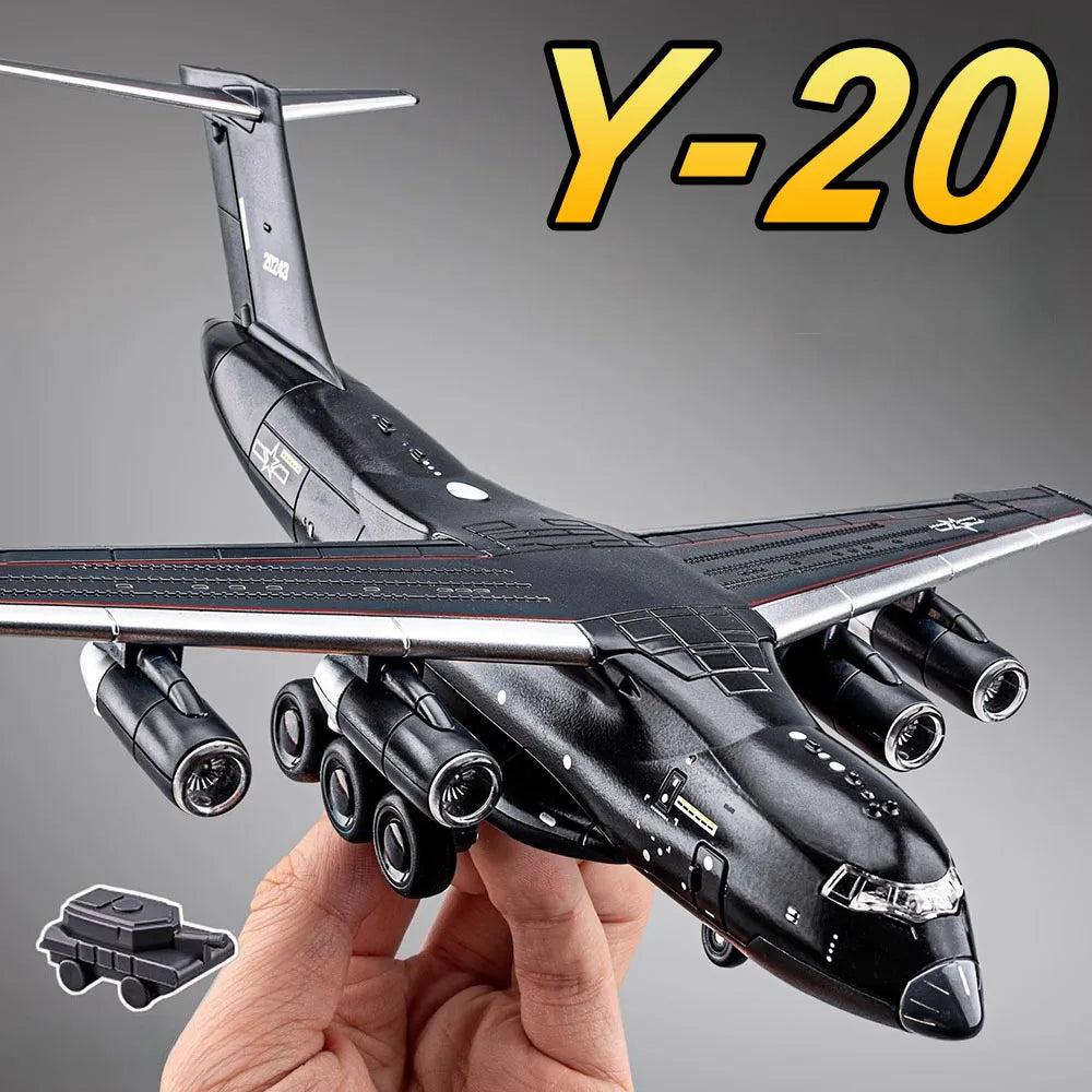 1:180 Alloy Y-20 Transport Aircraft Models Toys Diecast Car with Sound Light Pull Back Cabin Opened Plane Collectibles Boy Gifts