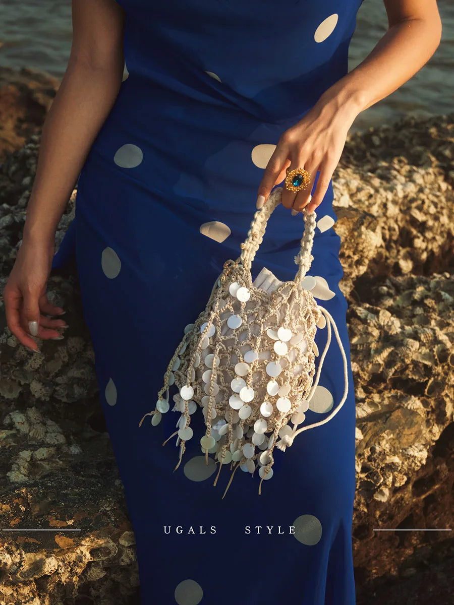Retro Sequin Woven Tassel Cotton Linen  Hollow out Bucket Evening Elegance Hand Clutch Crossbody Bag