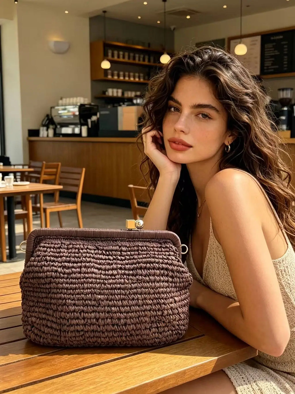Handwoven Straw Clutch Bag with Dual‑Color Kiss‑Lock Closure & Detachable Chain, Versatile Shoulder/Crossbody Bag for Summer