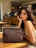 Handwoven Straw Clutch Bag with Dual‑Color Kiss‑Lock Closure & Detachable Chain, Versatile Shoulder/Crossbody Bag for Summer