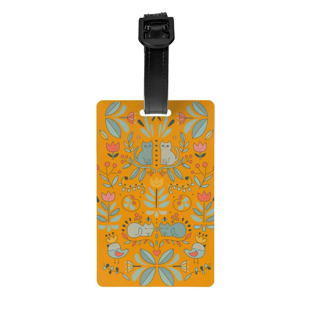 Custom Swedish Folk Cats Luggage Tag With Name Card Privacy Cover ID Label for Travel Bag Suitcase