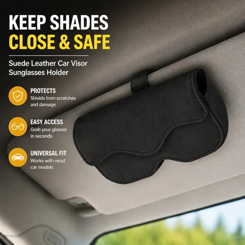 Premium Car Sun Visor Sunglasses Holder Leather Glasses Case Auto Interior Organizer Ticket Card Clip One-Hand Operation Mount