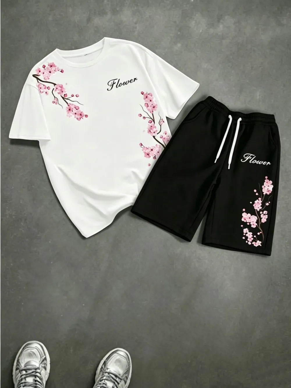 American men's summer cherry blossom print comfortable breathable round neck T-shirt drawstring shorts set outdoor casual wear