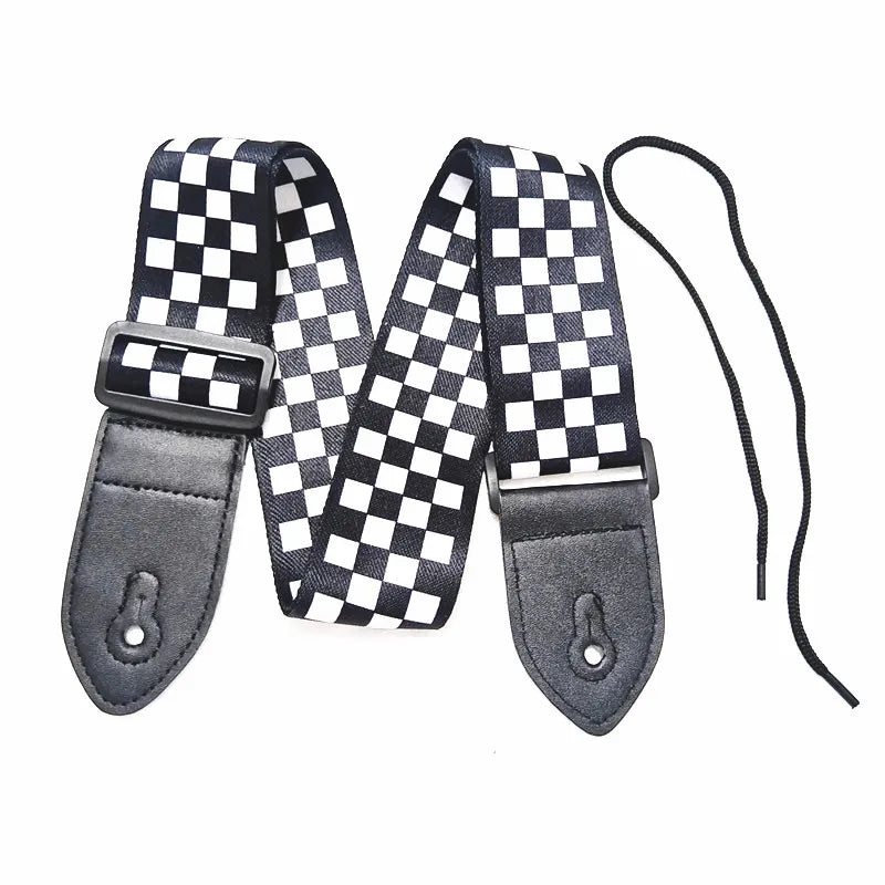 Black White Checkered Polyester Cotton PU Leather Head Ends Bass Ukulele Acoustic Electric Guitar Strap Accessories Parts