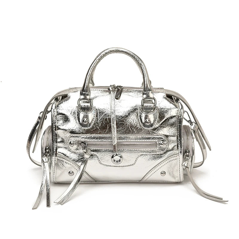 Luxury Metallic Silver Gold Patent Leather Motorcycle Bag Cool Rivet Tassel Mini Boston Handbag Trendy Crossbody Purse