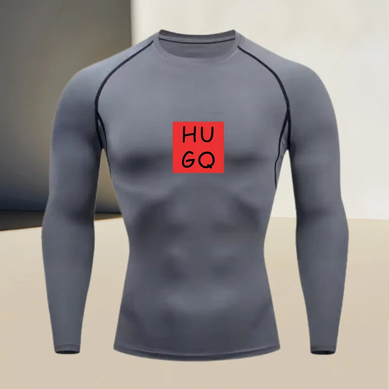 Men's gym compression quick drying base shirt, round neck long sleeved, high elasticity breathable fabric
