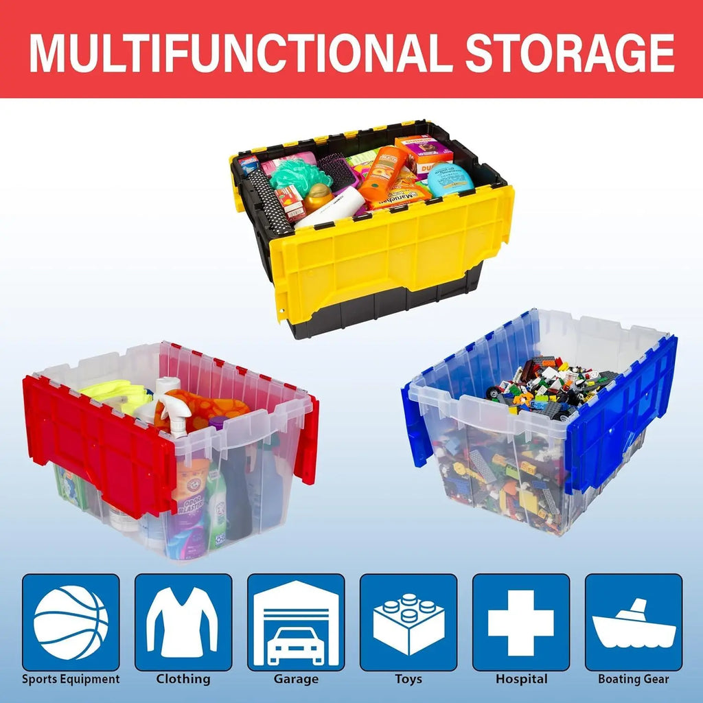 12 Gallon Storage Container, Nesting and Stackable Plastic Storage Box with Lid Attached, Clear Tote for Garages, Closets, and Moving, 21-1/2" x 15" x 12-1/2", Clear/Blue