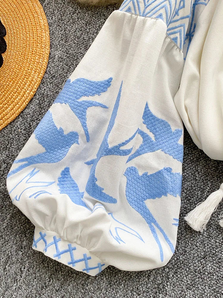Women Autumn Blouse Bohemian Heavy-Duty V-Neck Embroidered Blouse Korean Long Sleeve Loose Fit Tassel Design Ethnic Top BL338