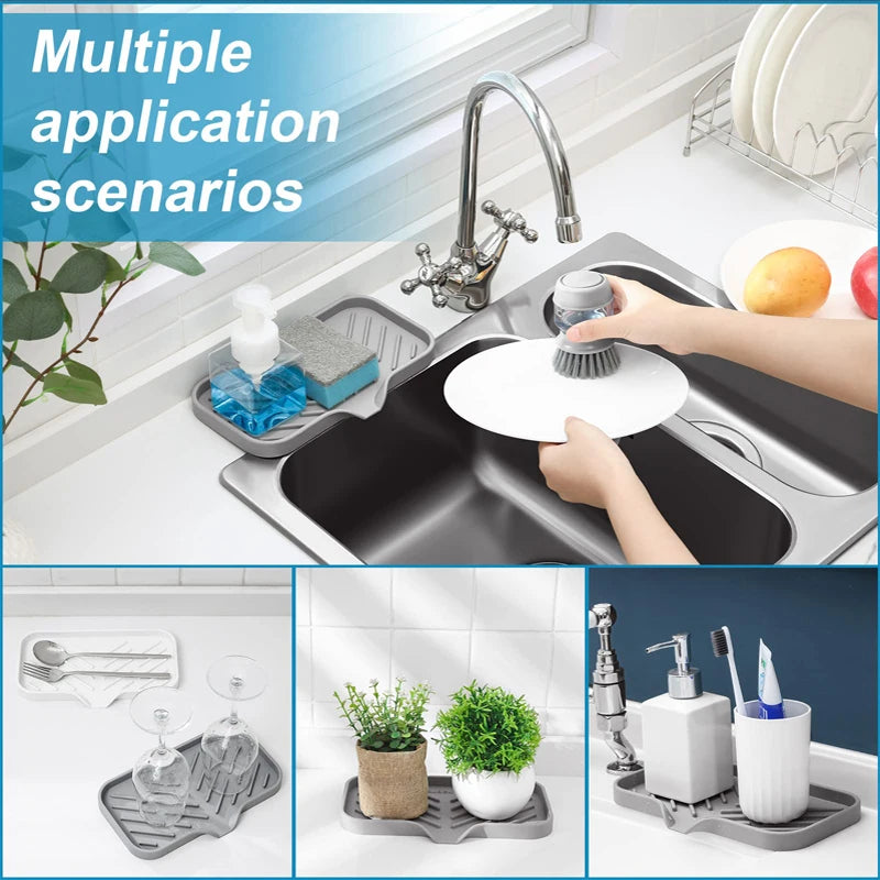 2PCS Silicone Faucet Mat Sink Tray Soap Dispenser Sponge Drain Pad Sink Splash Drying Mat Countertop Storage Tray SoapTray
