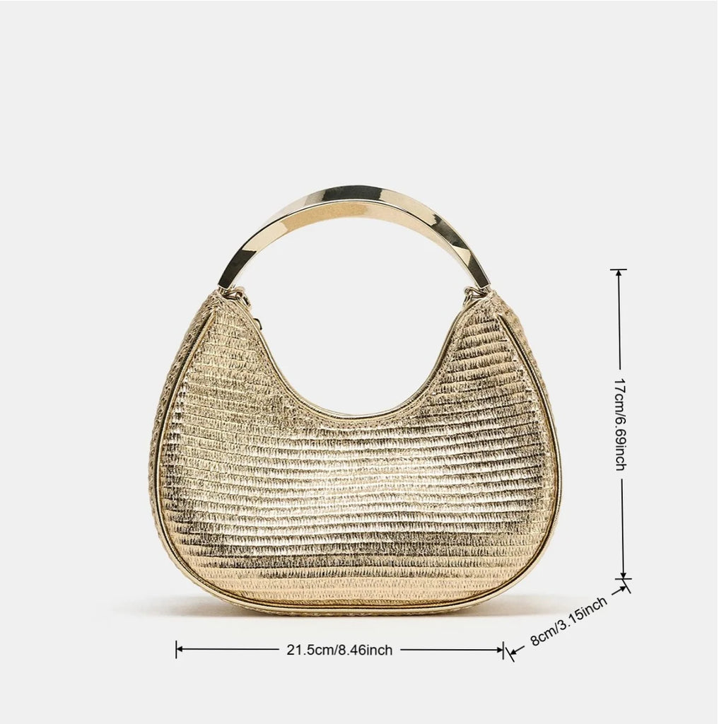 Women Luxury Golden Textured Hobo Bag Metal Top Handle Evening Clutch Bag Detachable Crossbody Chain Strap Party Wedding Handbag