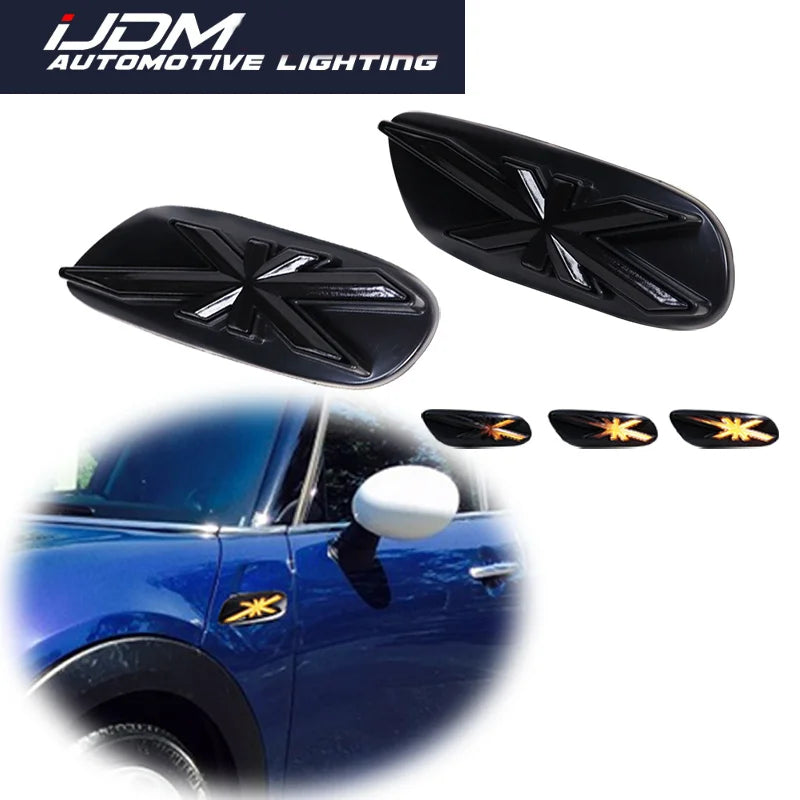 For Mini Cooper F55 F56 Hatchback & F57 Convertible Union Jack Pattern Sequential Amber LED Front Side Marker Turn Signal Lights