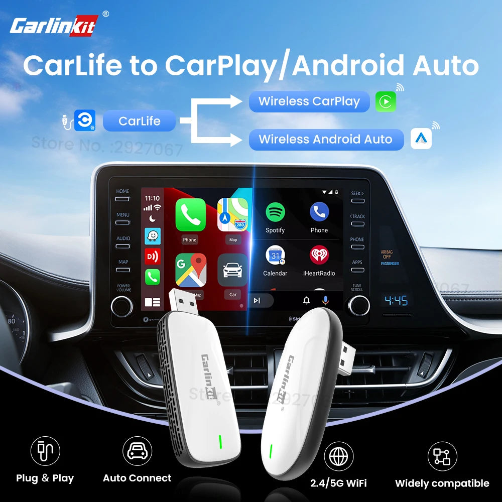 CarlinKit Baidu CarLife to CarPlay Wireless Adapter Android Auto 2 in 1 Mini Box USB Plug and Play 5.8Ghz WiFi Seamless Connect