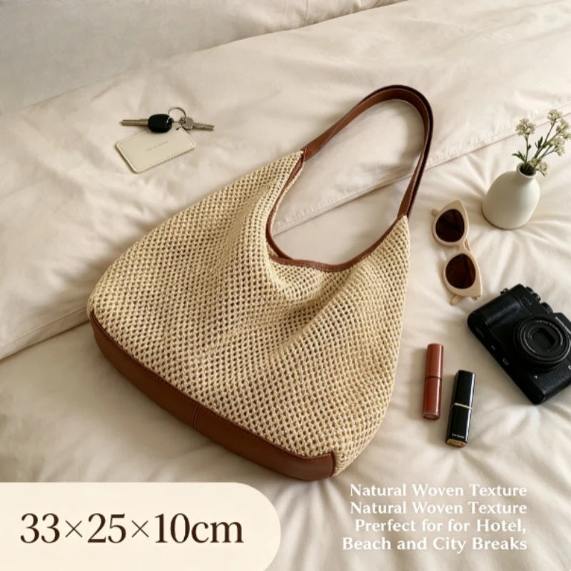Niche Vacation Style Hand Woven Bag for Women, Summer Seaside Straw Beach Tote Bag, Versatile Commute Single Shoulder Handbag