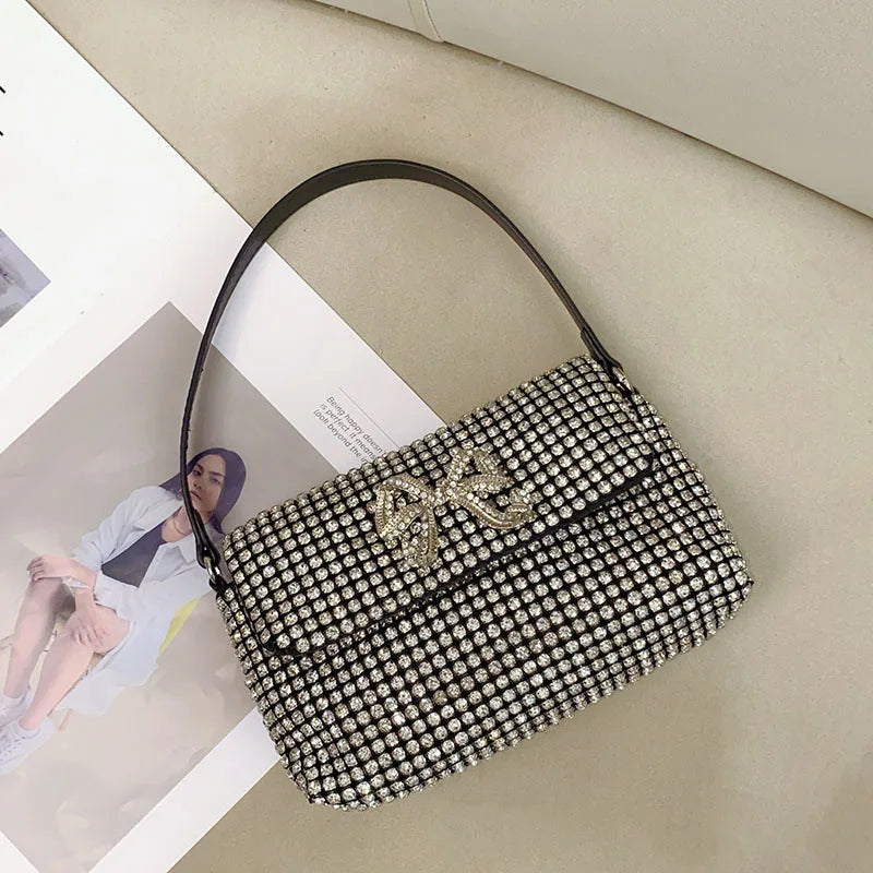 Full Rhinestone Bow Large Capacity Portable Personalized Banquet Diamond Flip Small Square Bag Underarm Crossbody