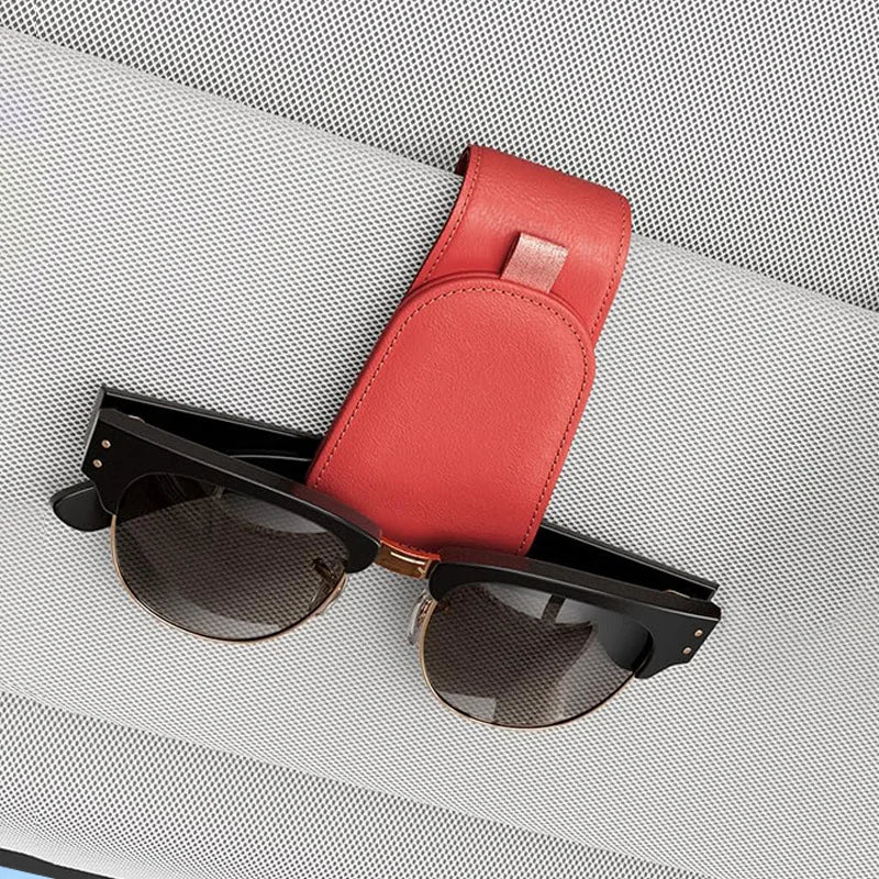 Premium Car Sun Visor Sunglasses Holder Leather Glasses Case Auto Interior Organizer Ticket Card Clip One-Hand Operation Mount