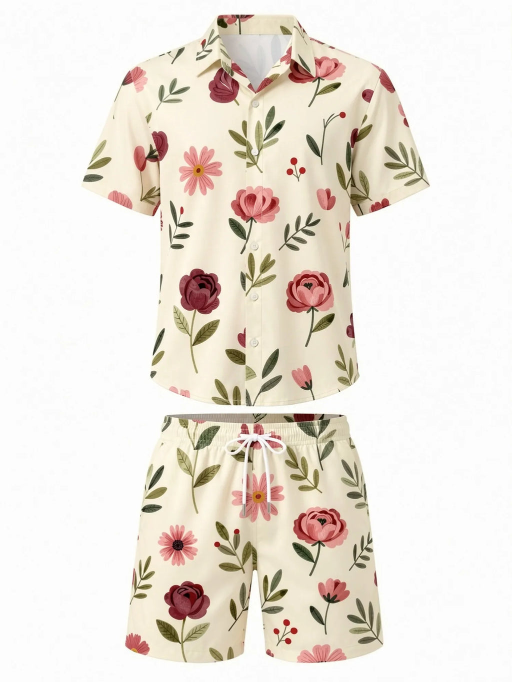 Mens Floral Short Sleeve Shirt and Drawstring Shorts Set Beach Vacation Matching Summer Two Piece Casual Beach Outfit Resortwear
