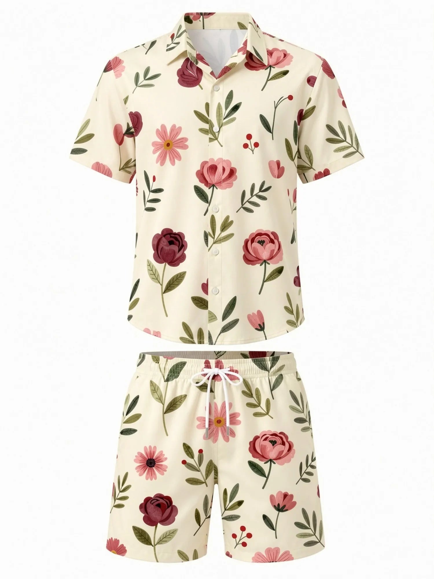 Mens Floral Short Sleeve Shirt and Drawstring Shorts Set Beach Vacation Matching Summer Two Piece Casual Beach Outfit Resortwear