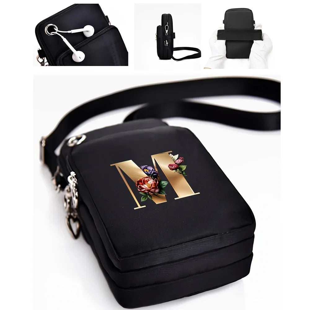 Fashion A-Z Letter Print Women's Crossbody Bag Large Capacity Three-Layer Zipper Phone Bag Daily Travel Coin Purse