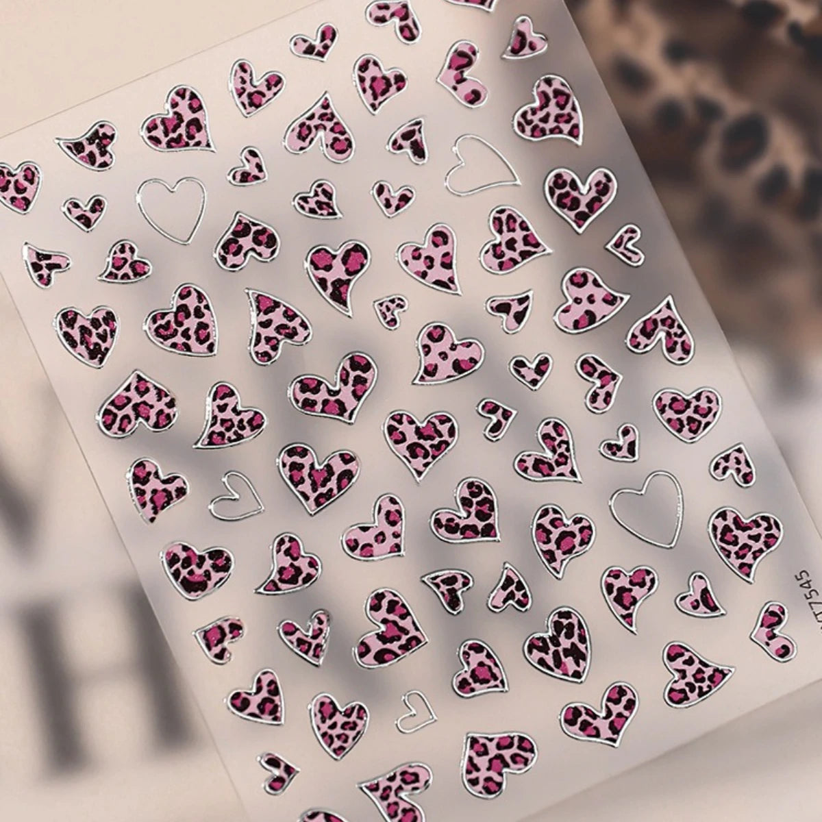 Vintage Leopard Print Heart Nail Stickers, Metallic Pink Leopard DIY Decor, Euro-American Style Asymmetrical Heart Nail Art