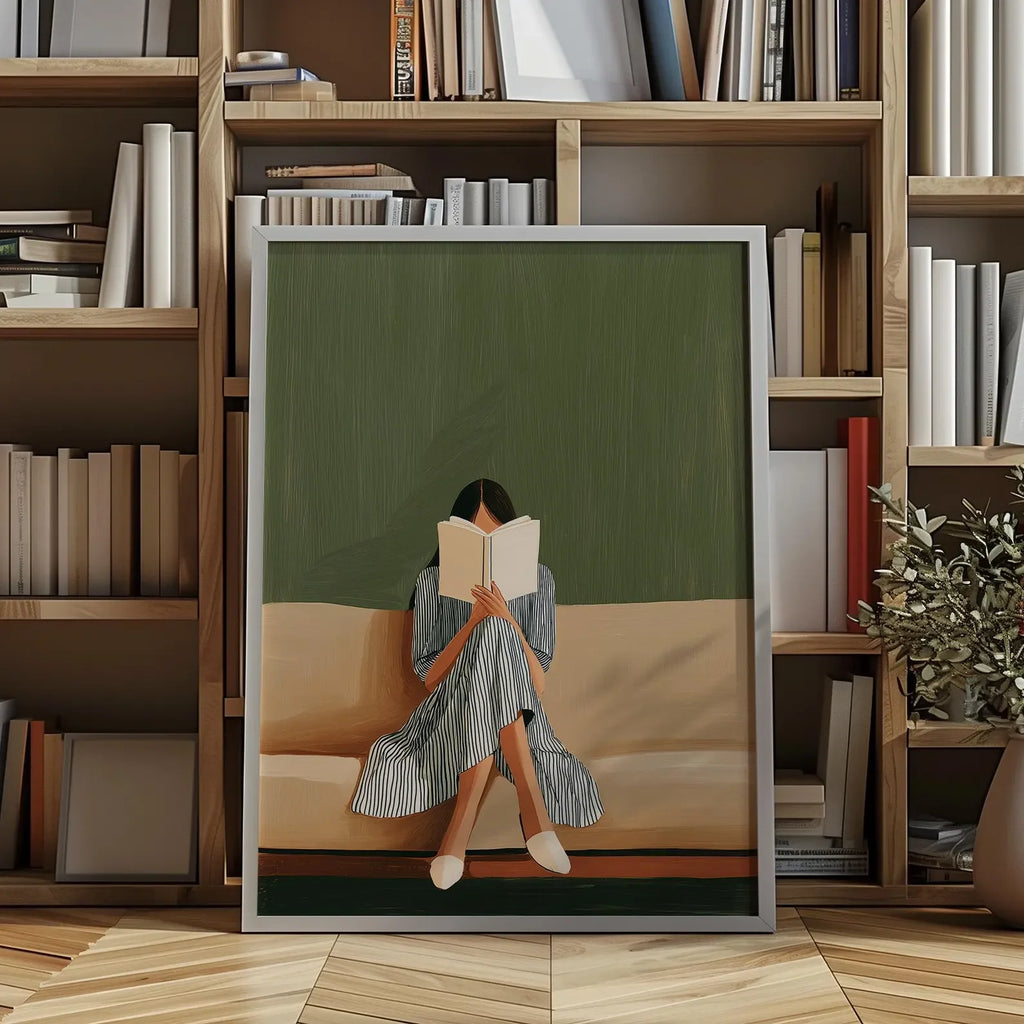 Emerald Green Woman Reading Folder Print Minimalist Abstract Canvas Wall Decor Unframed