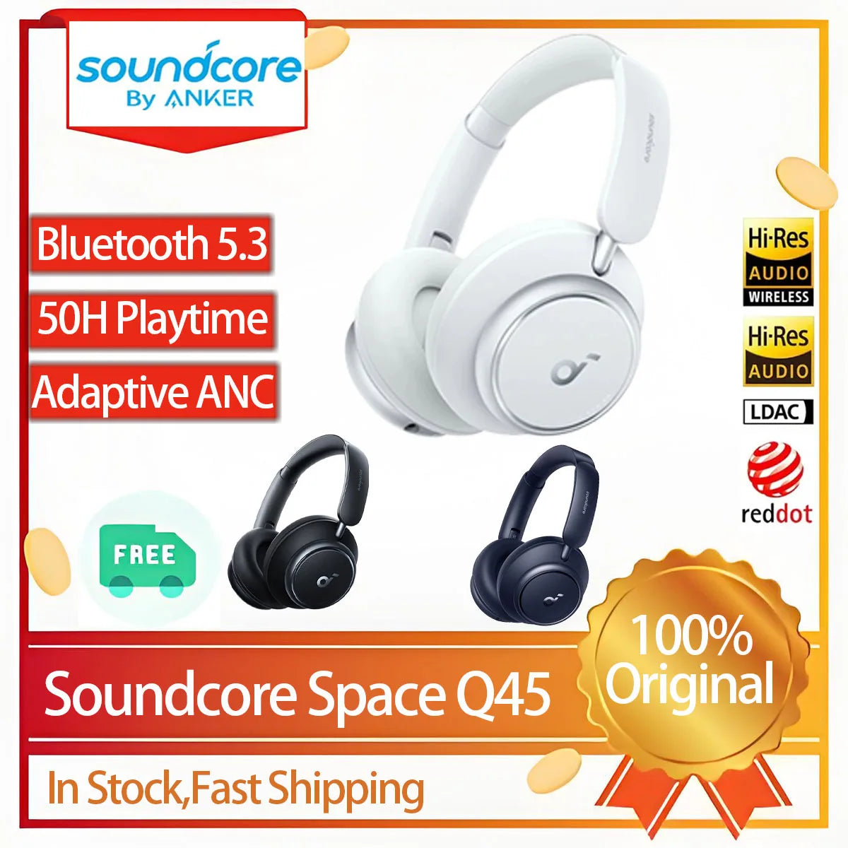 Soundcore Space Q45 Wireless Bluetooth Headphones ANC Active Noise Cancellation LDAC HiRes 50H Playtime. Stand Store