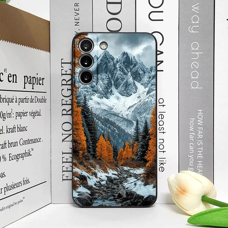 Vintage Forest Landscape Snow Mountain Scenery Phone Case for Samsung Galaxy S25 S24+ S23 Ultra S22Plus S20 S21 FE M53 M34 Cover